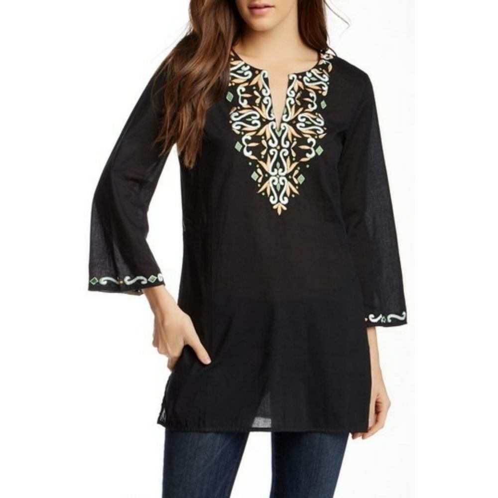 Kas New York Katrina Embroidered Long Sleeve Sheer Tunic Blouse Black sz L